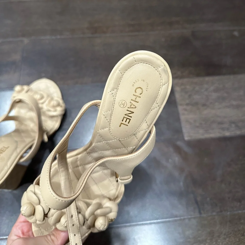 CHANEL Camellia Quilted Leather Block Heel Sandals Beige EU 38.5